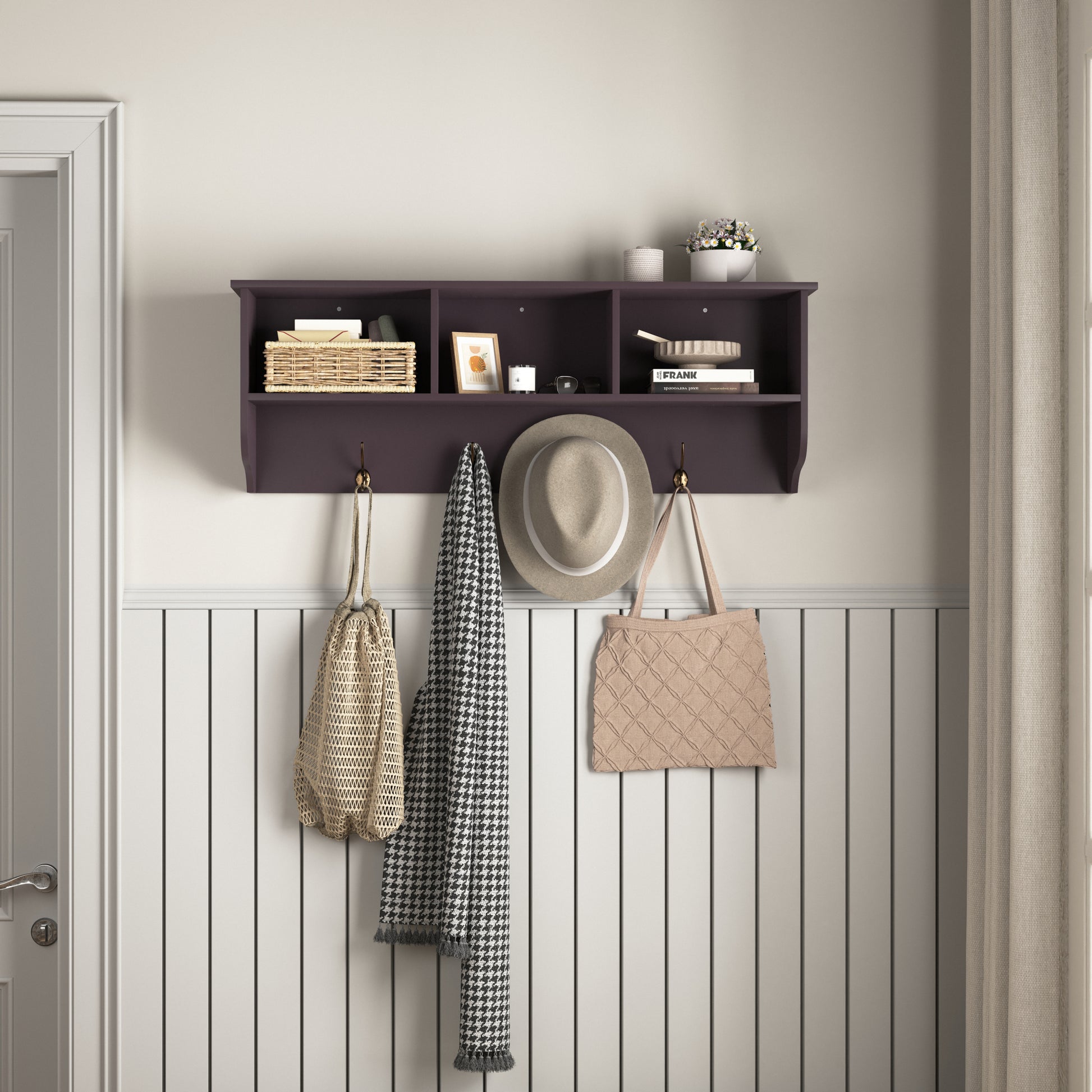 Espresso Entryway Wall Mounted Coat Rack With 4 Dual Hooks Living Room Wooden Storage Shelf Espresso Mdf