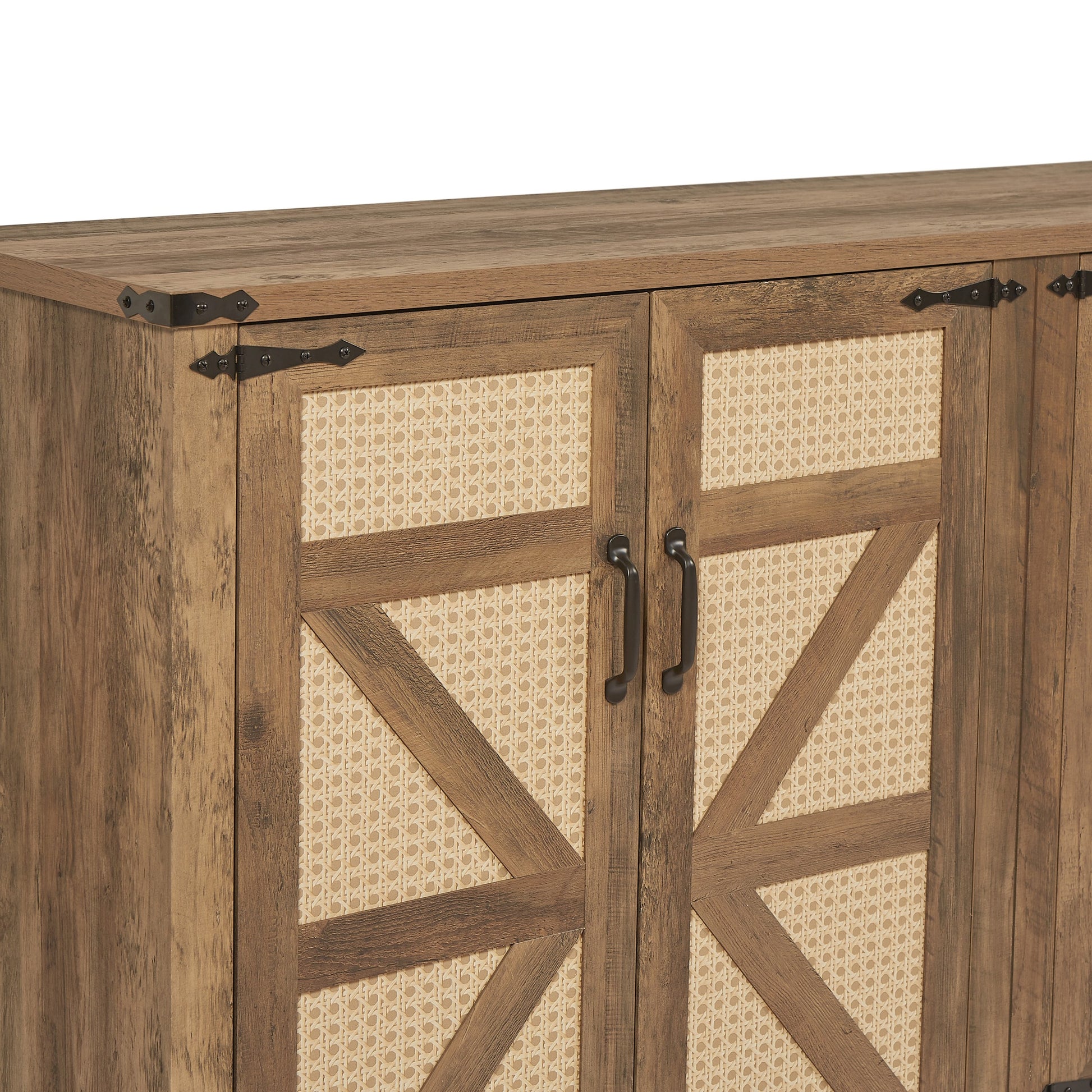 65 Inch Rustic Oak Color Faux Rattan Sideboard, Barn Door Rustic Style Sideboard, Living Room, Entryway, Bedroom, Dining Room Four Door Storage Cabinet Oak Particle Board Mdf