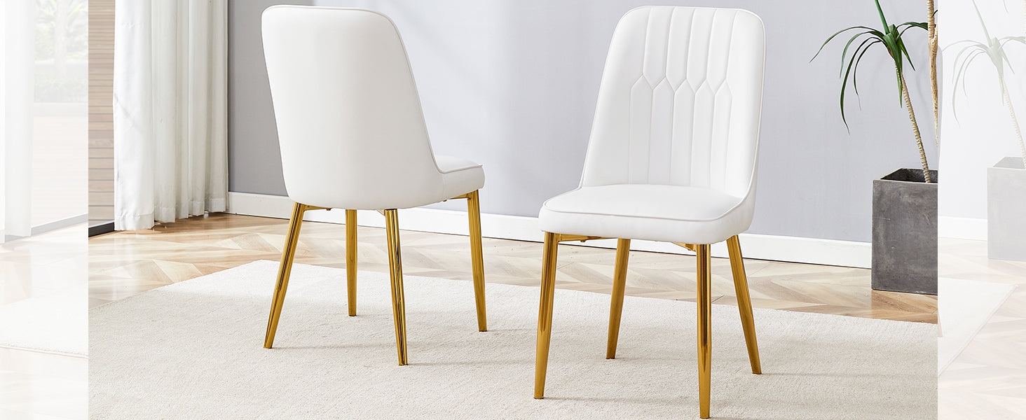 2 Modern Dining Chairs, Sleek Pu Leather Backrest, And Gold Metal Legs Bring A Comfortable Home Experience To The Kitchen, Bedroom, And Office. White Pu