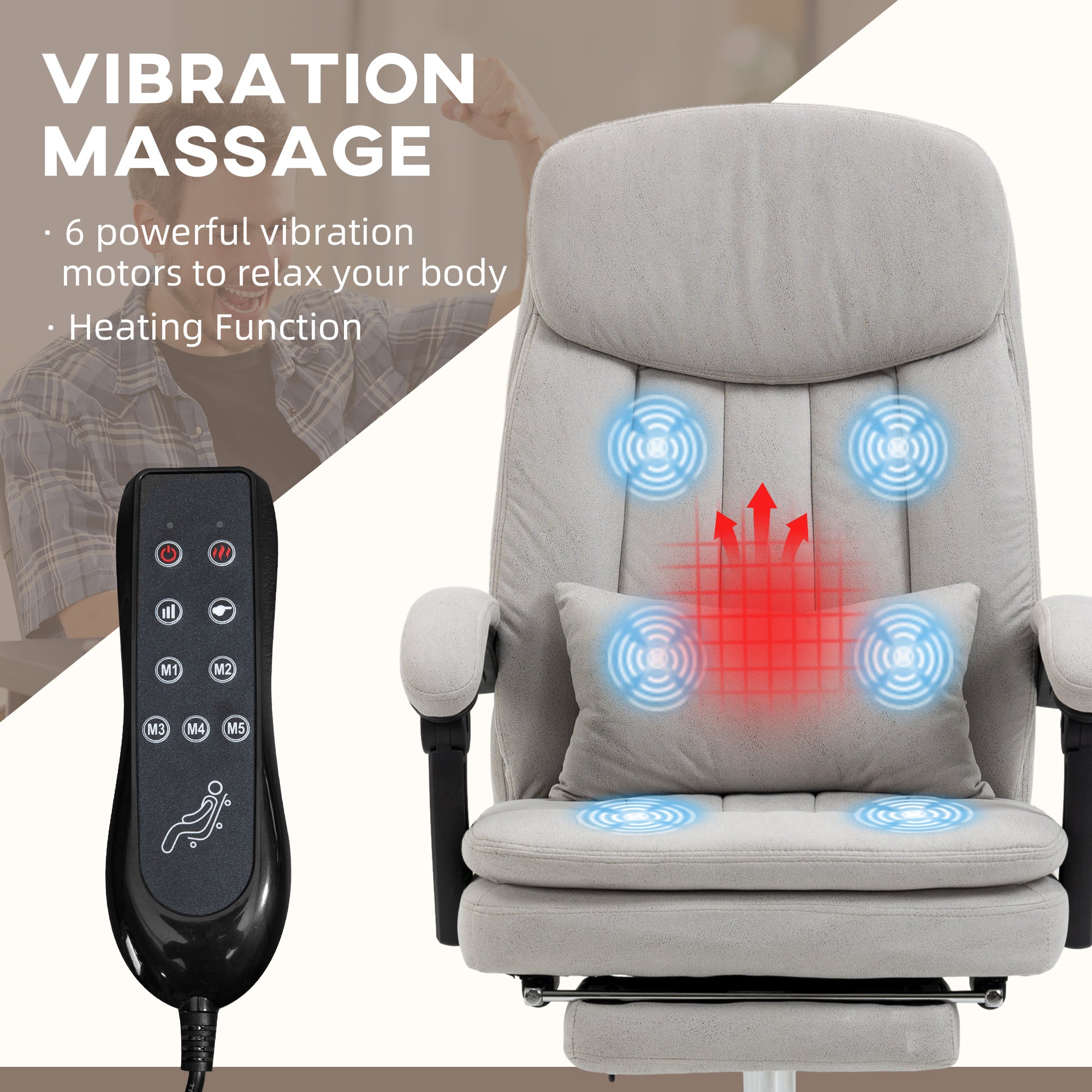 Vinsetto Microfibre Executive Massage Office Chair, Swivel Computer Desk Chair, Heated Reclining Computer Chair With Lumbar Support Pillow, Light Gray Light Grey Polyester