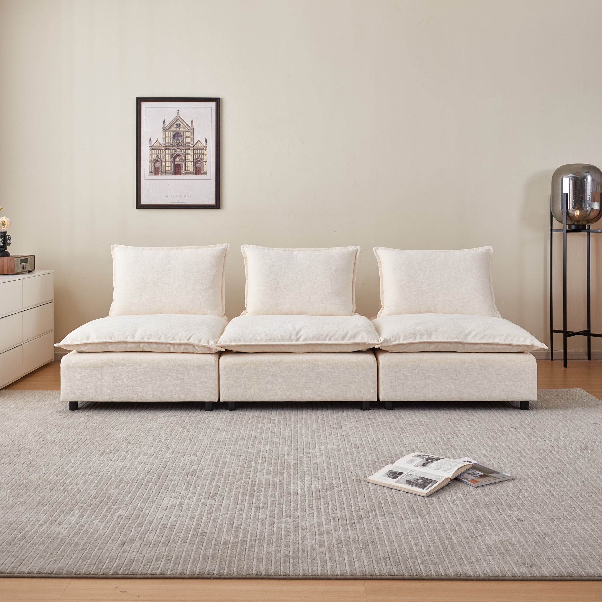 Modern Armless L Shaped Sectional Sofa Couch With Ottoman Modular Design, Durable Construction, Easy Care Upholstery For Living Room, Apartment, Office, Small Space Beige Foam Chenille 4 Seat