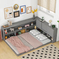 Full Floor Bed With L Shaped Bookcases, Sliding Doors,Without Slats,Grey Full Grey American Design Pine