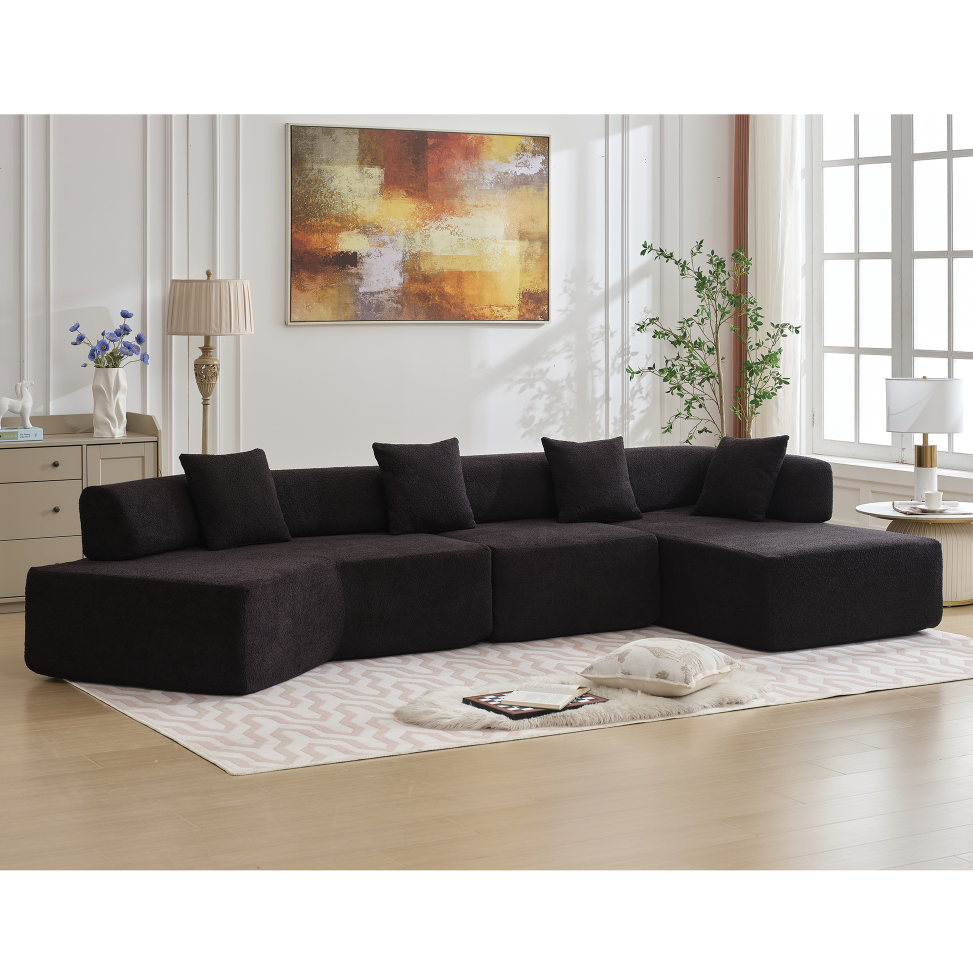 Arrived Modern Minimalist 140" L Shape Couch ,No Assembly Required,Boucle,Modular Sofa ,Couch With Chaise,Free Combination Foam Filled Sofa, 4 Seats,Black Black Polyester Primary Living Space Soft Modern Foam Polyester 4 Seat