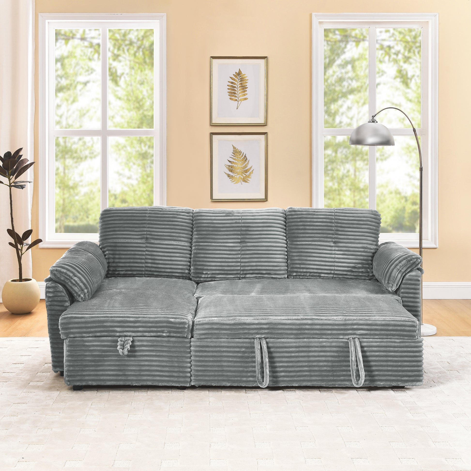 Corduroy Tufted Upholstered Sleeper Sectional Sofa, L Shaped Modular Convertible Sofa With Storage Chaise, Pull Out Sleep Couch Bed And Reclining Backrest Perfect For Living Space,Grey Full Grey Corduroy