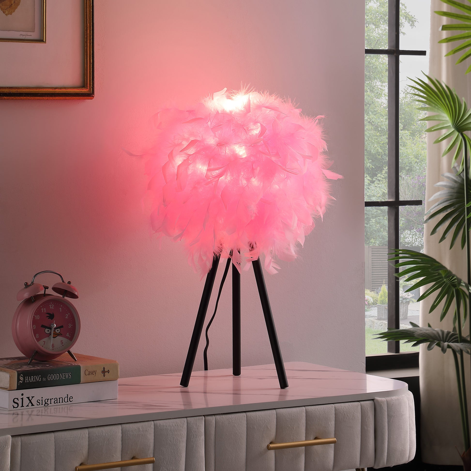 20.5" In Hot Pink Feather Shade Tripod Modern Metal Table Lamp Pink Polyester