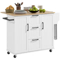 Homcom Kitchen Island With Drop Leaf, Rolling Kitchen Cart On Wheels With 3 Drawers, 2 Cabinets, Natural Wood Top, Spice Rack And Towel Rack, White White Rubber Wood
