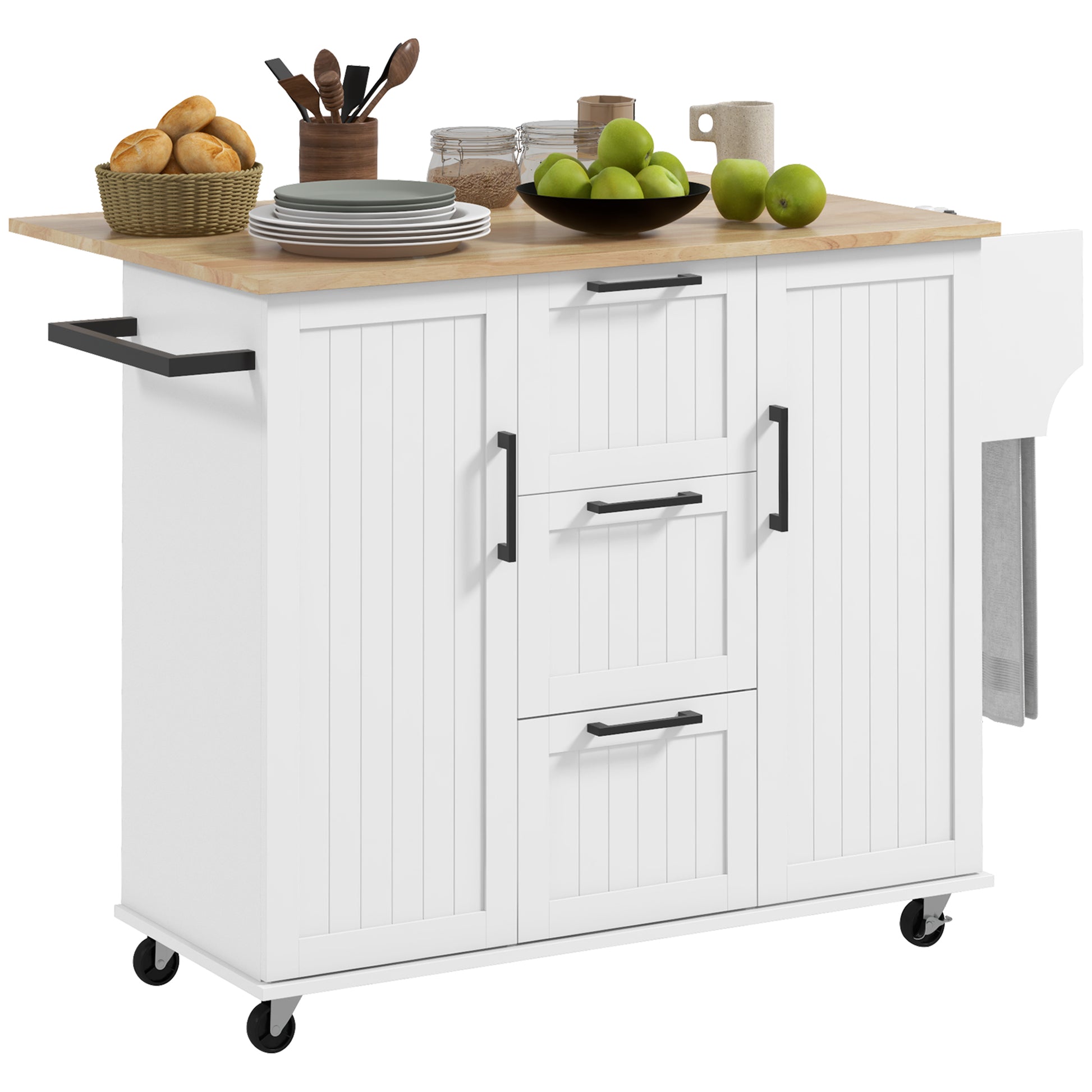 Homcom Kitchen Island With Drop Leaf, Rolling Kitchen Cart On Wheels With 3 Drawers, 2 Cabinets, Natural Wood Top, Spice Rack And Towel Rack, White White Rubber Wood
