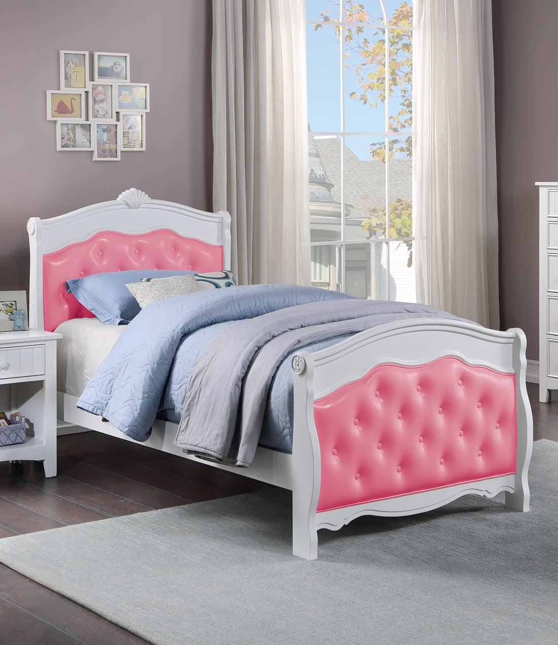 White Full Size Bed Youth Bedroom Furniture Pink Faux Leather Headboard Footboard Plywood 1Pc Bedframe Box Spring Required Full Pink White Wood Bedroom Classic,Traditional Pine Bed Frame Faux Leather Plywood