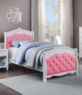 White Full Size Bed Youth Bedroom Furniture Pink Faux Leather Headboard Footboard Plywood 1Pc Bedframe Box Spring Required Full Pink White Wood Bedroom Classic,Traditional Pine Bed Frame Faux Leather Plywood