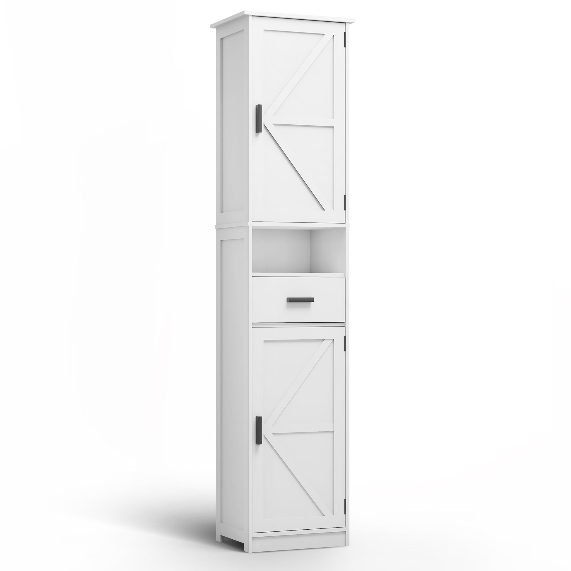 69" H Tall Bathroom Storage Cabinet With 2 Barn Doors And 1 Drawer, Narrow Storage Unit, Adjustable Shelves,Floor Cabinet For Bathroom, Living Room, Entryway,Kitchen, White White Particle Board