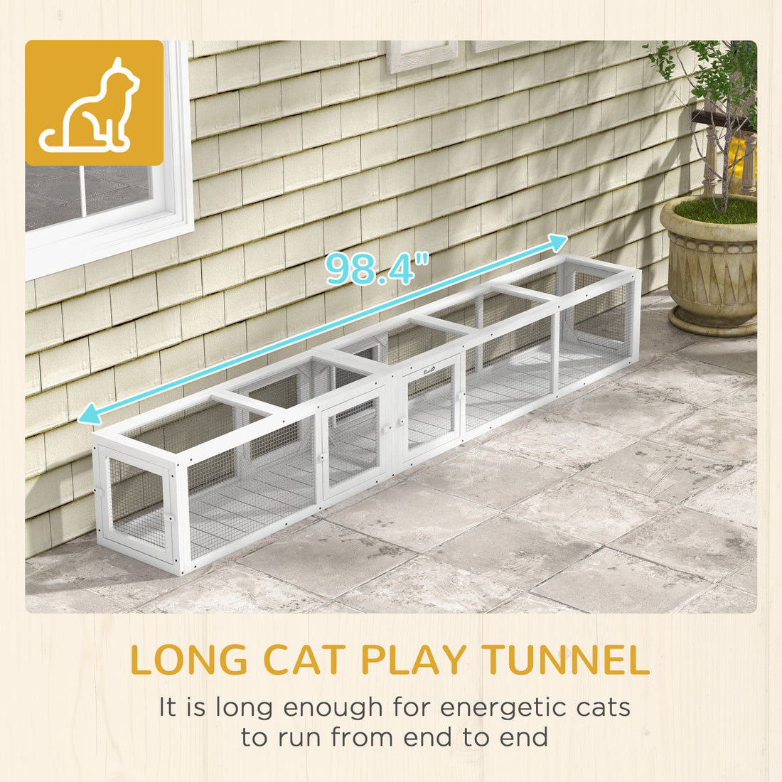 Pawhut Cat Tunnel Outdoor, Wooden Cat Tube With Combinable Design, 8 Doors, 98" Cat Toys For Kitty, Puppy, Pet, House, Window, Cage, White White Wood