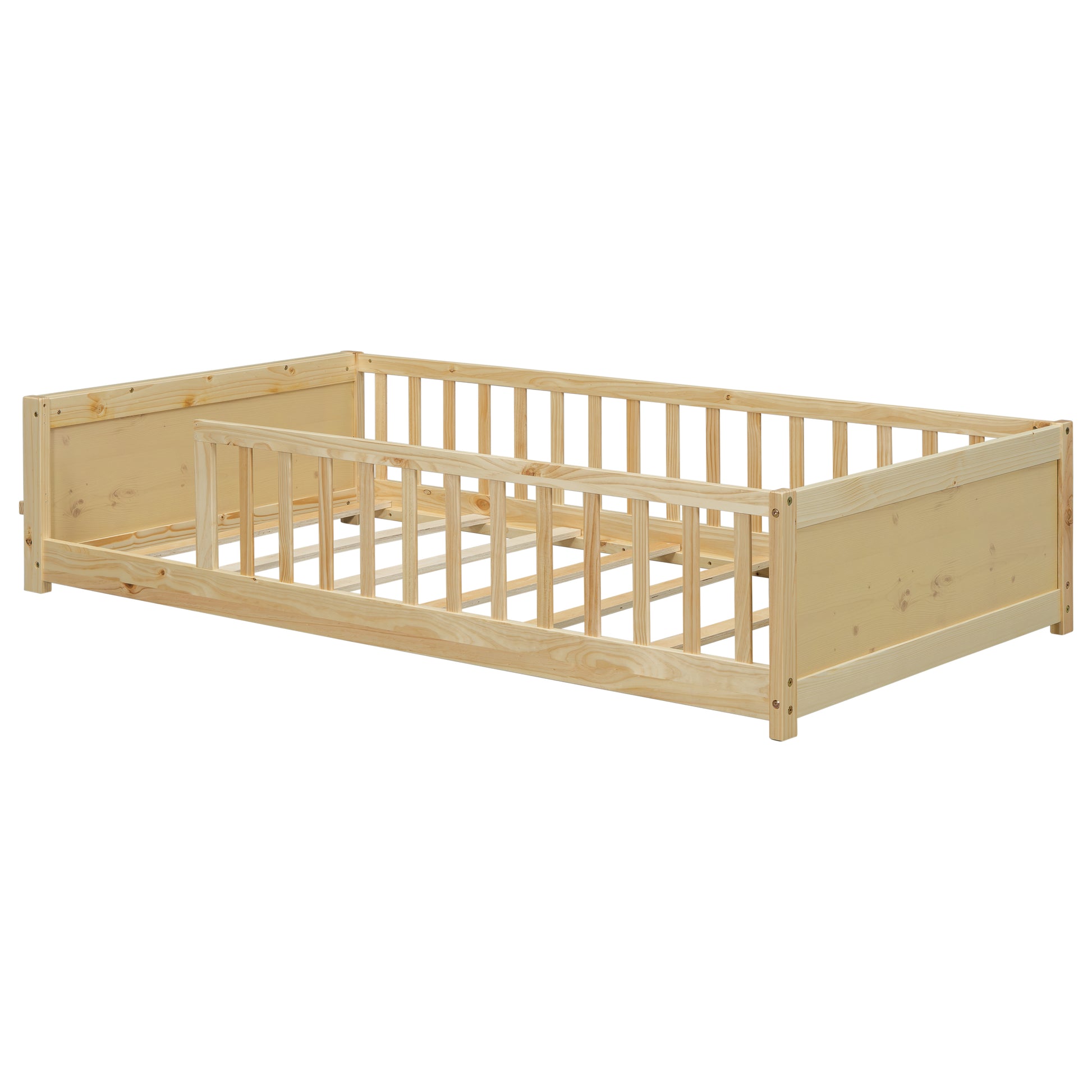 Twin Size Floor Platform Bed With Built In Book Storage Rack,Natural Twin Natural American Design Pine