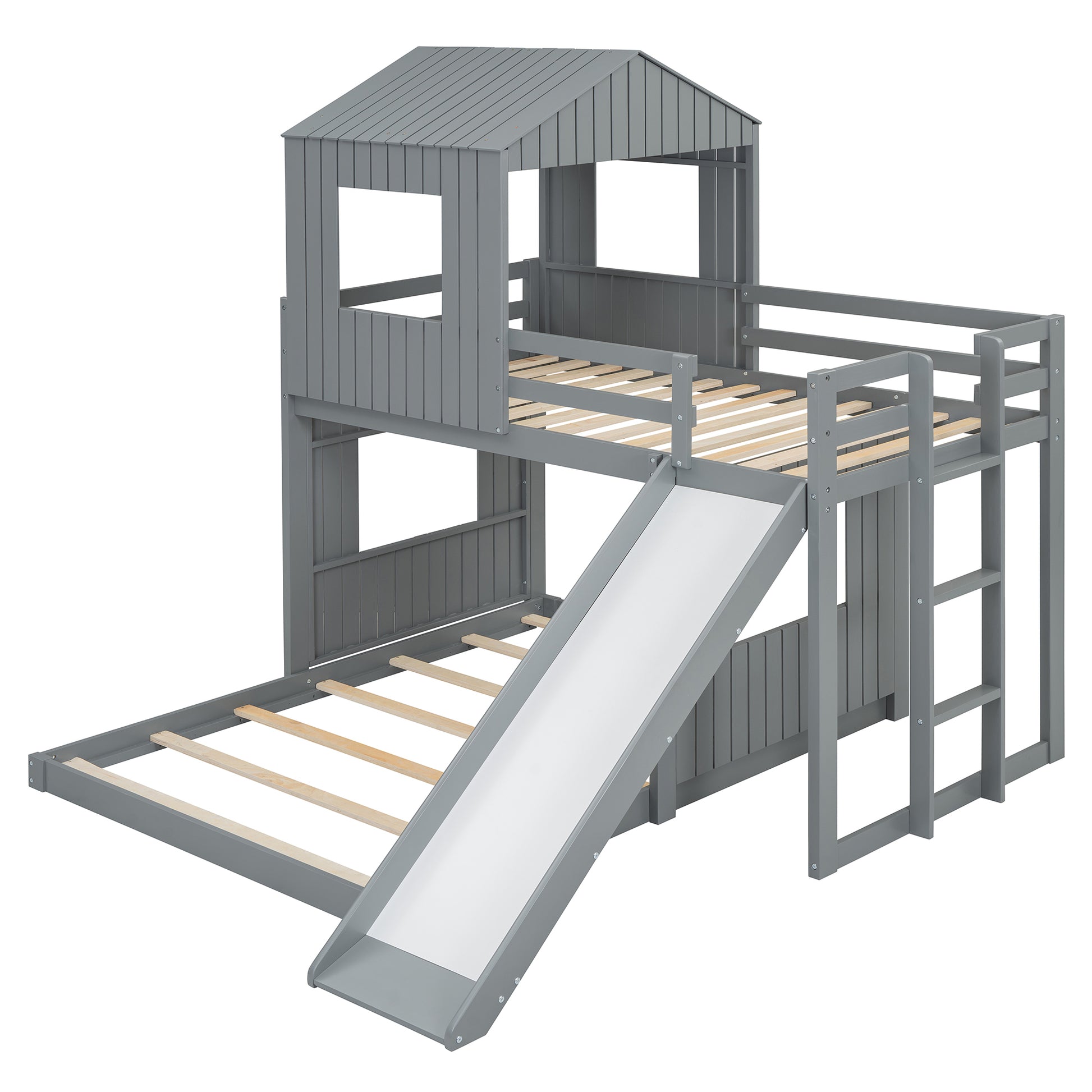 Wooden Twin Over Full Bunk Bed, Loft Bed With Playhouse, Farmhouse, Ladder, Slide And Guardrails, Gray Old Sku :Lt000028Aan Twin Gray Solid Wood