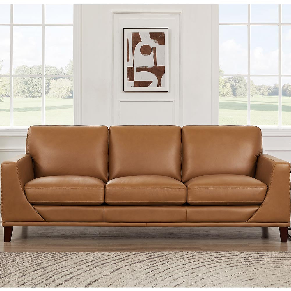 Soma Leather Sofa Cognac Genuine Leather Wood Primary Living Space Medium Firm Cushion Back Mid Century Modern Eucalyptus Square Arms Down Filling Genuine Leather 3 Seat