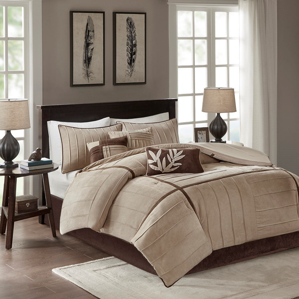 7 Piece Faux Suede Comforter Set Beige King King Beige Polyester