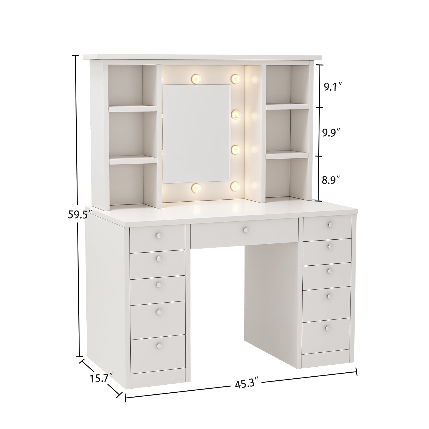 Vanity Desk With Led Lighted Mirror, Makeup Vanity With 11Drawers, 3 Color Lighting Modes Brightness Adjustable, Hidden Wiring, Dressing Table For Bedroom, White White Drawer 5 Drawers & Above Bedroom American Design Mirror Included Mdf