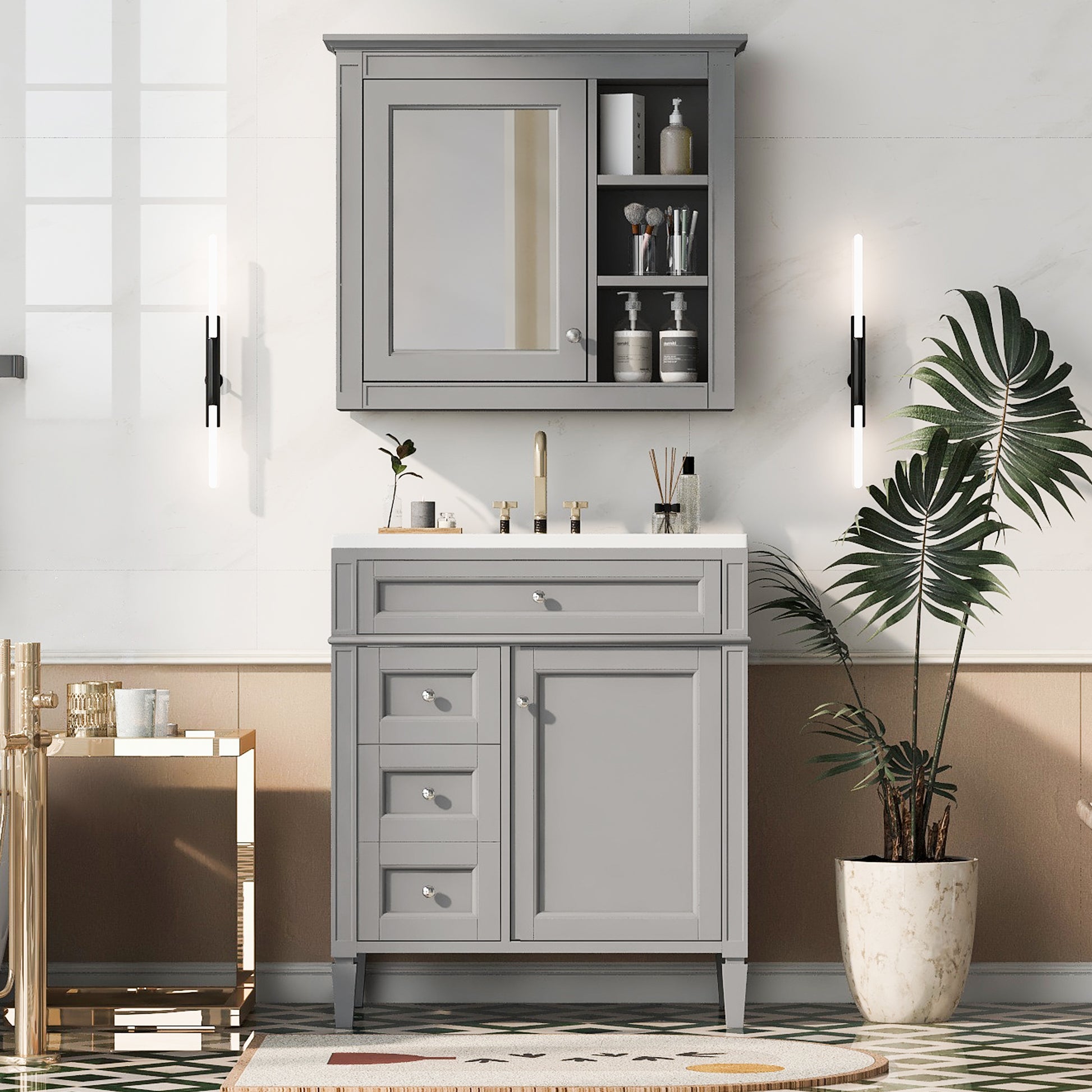 30'' Bathroom Vanity With Top Sink, Modern Bathroom Storage Cabinet With 2 Drawers And A Tip Out Drawer, Freestanding Vanity Set With Mirror Cabinet, Single Sink Bathroom Vanity Grey Bathroom Solid