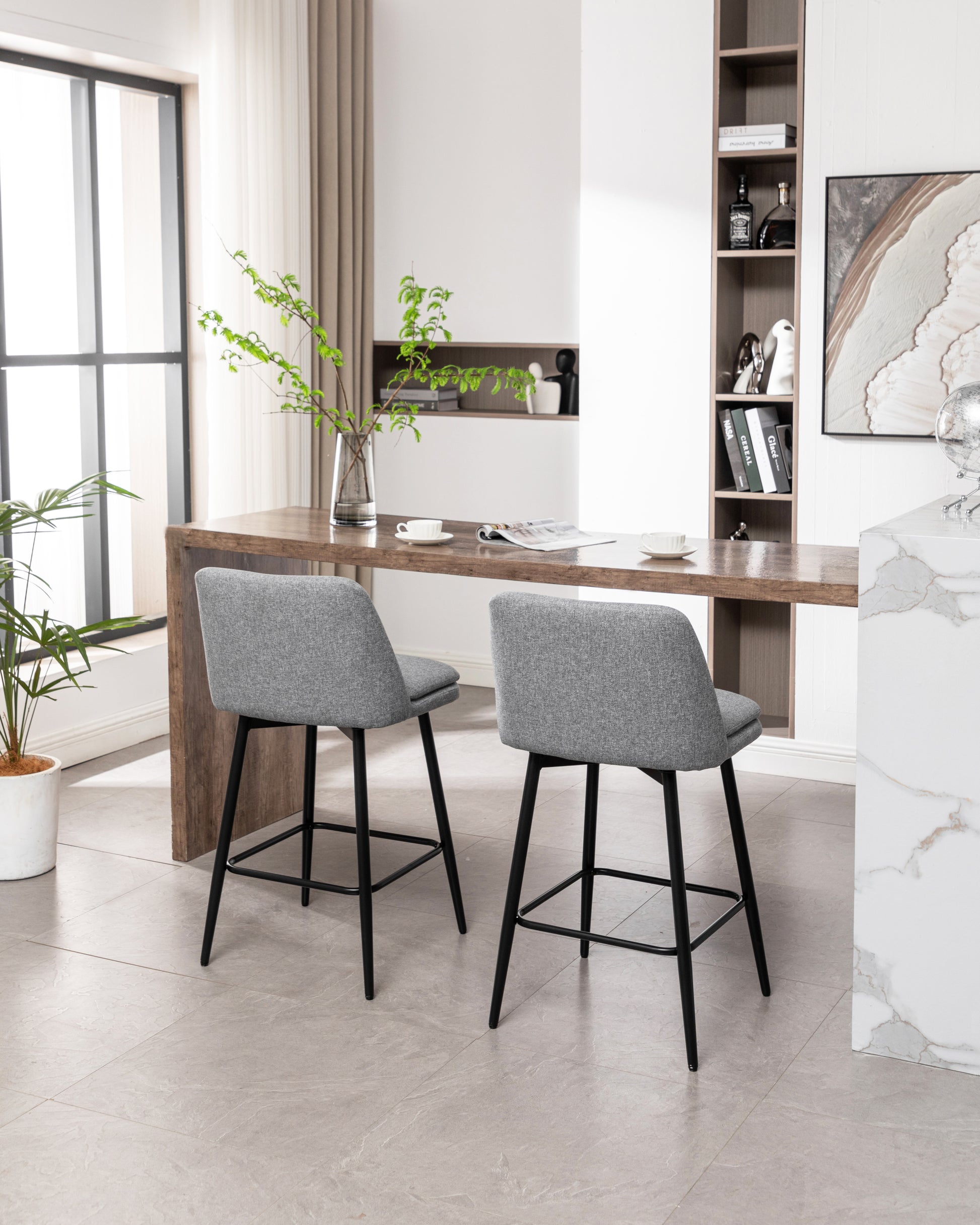 Counter Height Swivel Bar Stools Set Of 2, 360 Swivel Upholstered Barstools With Back And Metal Legs, 25.6" Seat Height,Counter Stools For Kitchen Island And Pub,Linen Cloth,Grey Light Grey Set Of 2 Linen