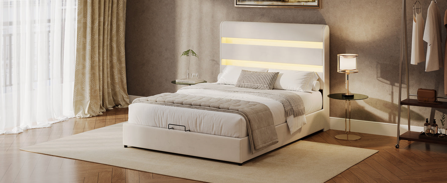 Upholstered Platform Full Size Hydraulic Storage Bed, Lift Up Storage Bed With Rgb Led Light Headboard, No Box Spring Needed,Velvet,Beige Full Beige Velvet Wood Metal