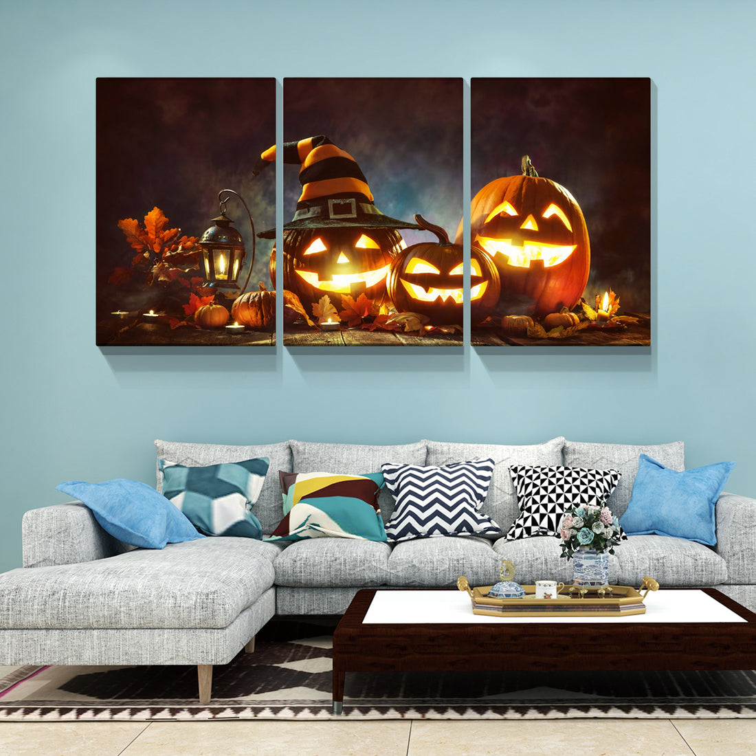 3 Piece Canvas Wall Art Halloween Pumpkin Lantern Painting Artwork For Home Wall Decor,Stretched And Framed Ready To Hang 2432Inch Thickness 1.5Inch Multicolor Halloween Canvas