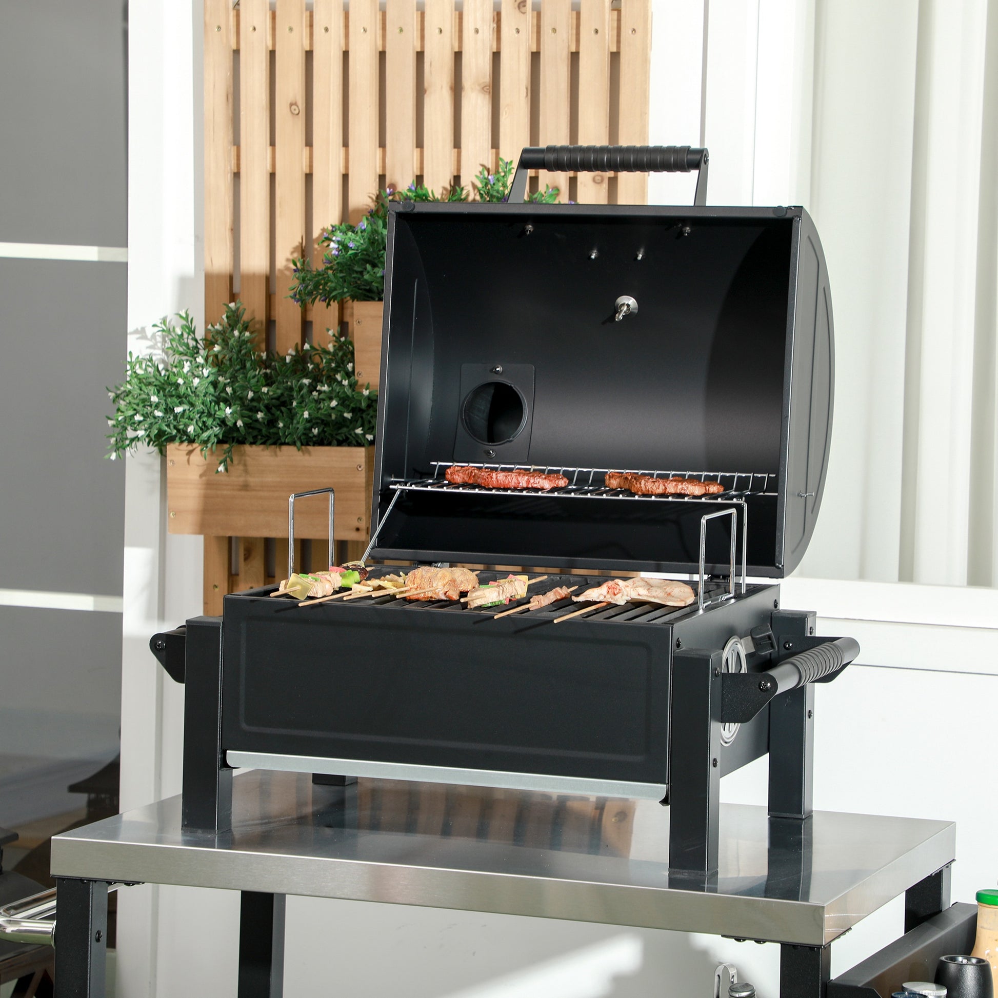 Outsunny Charcoal Bbq Grill With 235 Sq.In. Cooking Area, Tabletop Outdoor Barbecue With Ash Catcher And Built In Thermometer For Patio, Backyard, Camping, Picnic, Black Black Steel