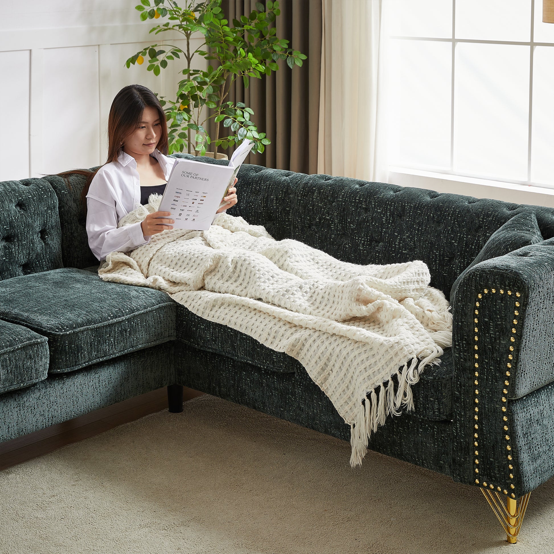 81.5 Inch Chenille Corner Sofal Shaped Sectional Couch, 5 Seater Corner Sofas With 3 Cushions For Living Room, Bedroom, Apartment, Office Green Foam Chenille 5 Seat