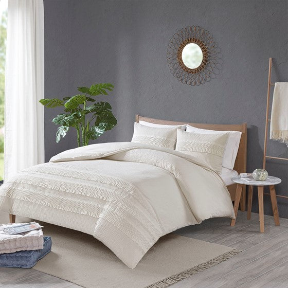 3 Piece Cotton Seersucker Duvet Cover Set King Ivory Cotton