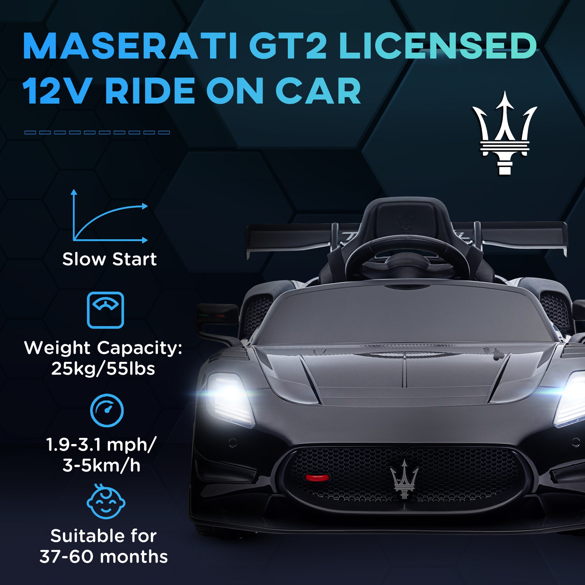 Qaba Maserati Gt2 Licensed Ride On Car, 12V Battery Powered Electric Car For Kids With Shock Absorbers, Auxiliary Wheels, 3Mph Racing Car With Remote, Horn Music Led Lights, Black Black Plastic