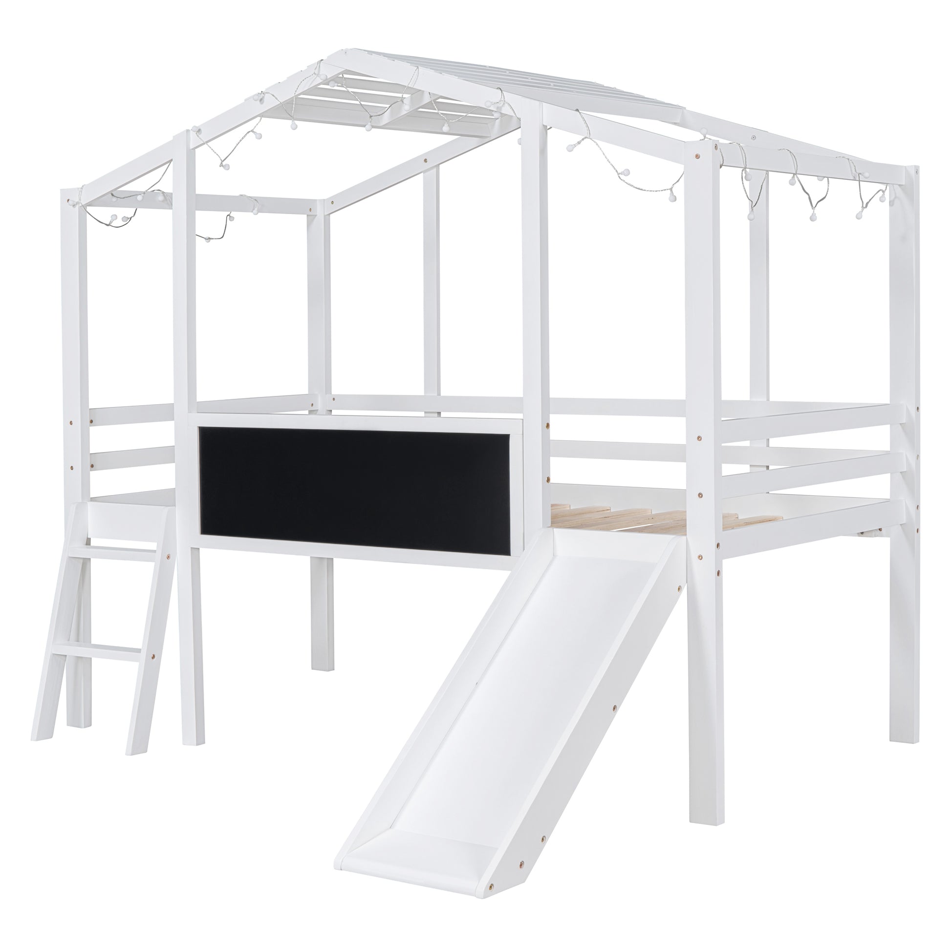 Twin Size Loft Bed With Ladder And Slide, House Bed With Blackboard And Light Strip On The Roof, White Twin White Solid Wood Mdf