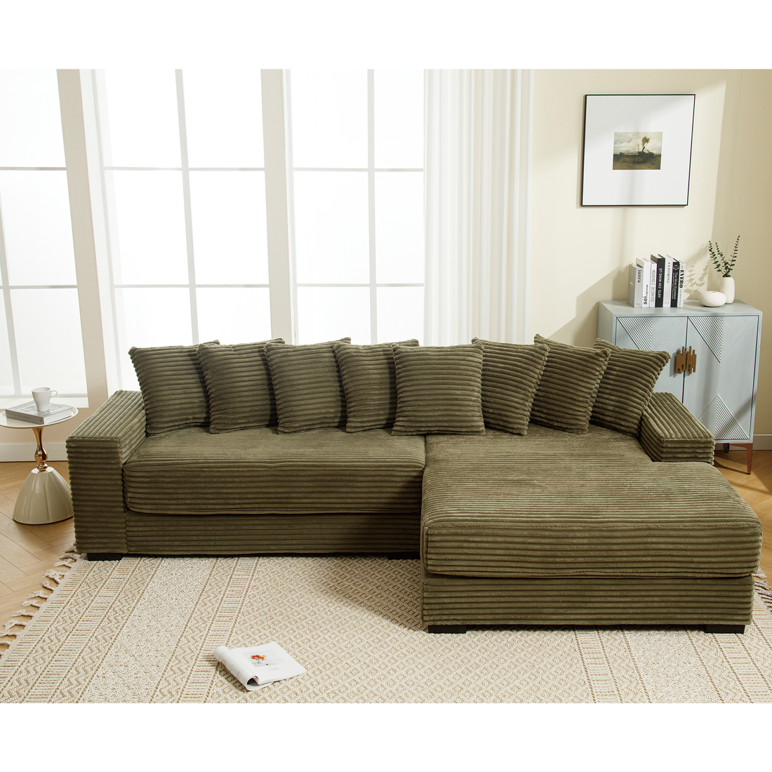 Arrived Oversized Two Piece Couches, L Shaped Sofa, Corduroy, Right Chaise Daybed,With Armrests,Eight Throw Pillows,Corner Sofa,Easy To Assemble, Green Green Polyester Wood Primary Living Space Medium Soft Pillow Back Modern Square Arms Wood 3 Seat