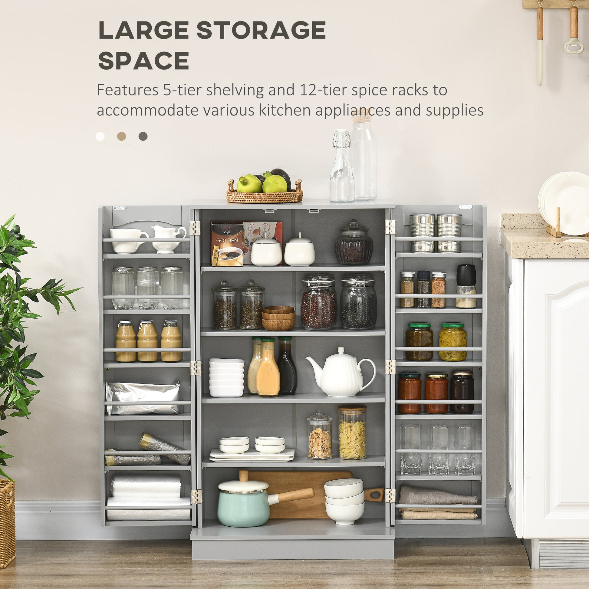 Homcom 41" Kitchen Pantry Storage Cabinet, Freestanding Kitchen Cabinet With 12 Door Shelves, Double Doors, 5 Tier Shelving And Adjustable Shelves, Paper Gray Gray Mdf