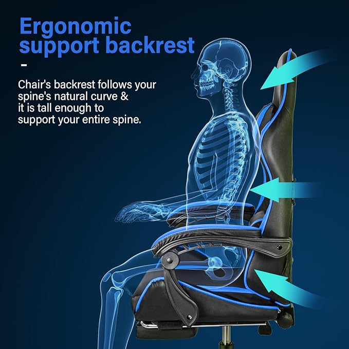 Gaming Chair, Backrest And Seat Height Adjustable Swivel Recliner Racing Office Computer Ergonomic Video Game Chair With Footrest And Lumbar Support, Black Blue Black Blue Plastic