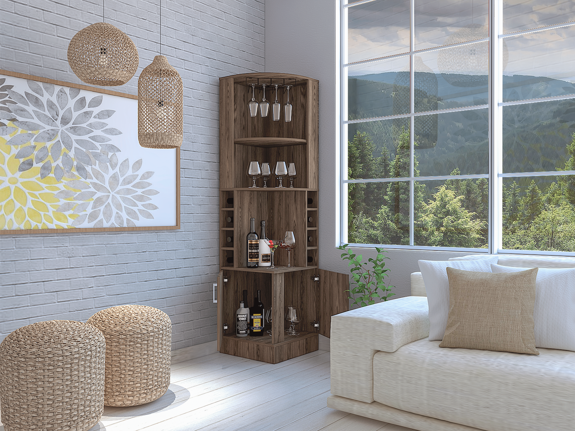 Syrah Corner Bar Cabinet, Two External Shelves Brown Primary Living Space Modern Shelves Included Particle Board