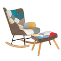 Rocking Chair With Ottoman, Mid Century Fabric Rocker Chair With Wood Legs And Patchwork Linen For Livingroom Bedroom Colorful Textile