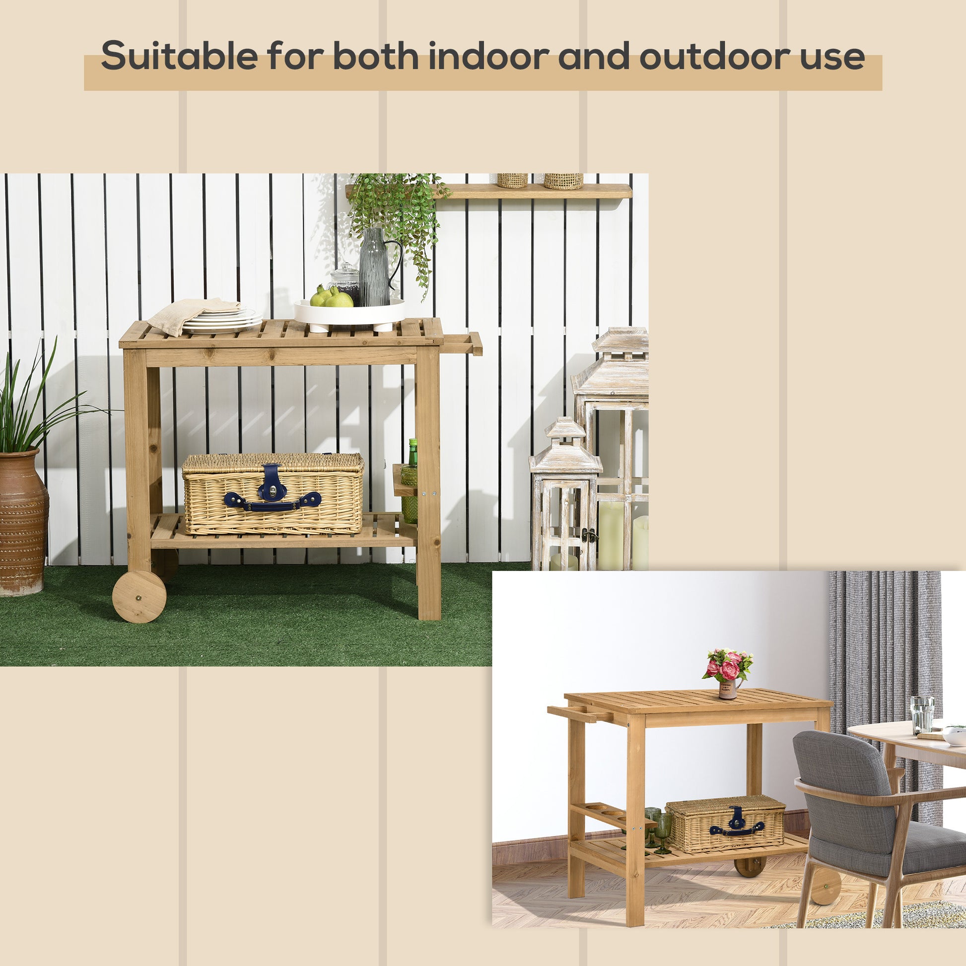 Outsunny Outdoor Bar Cart, Wood Rolling Home Bar & Serving Cart With 2 Shelves, Wine Bottle Holders For Garden, Dining Room, Natural Natural Wood