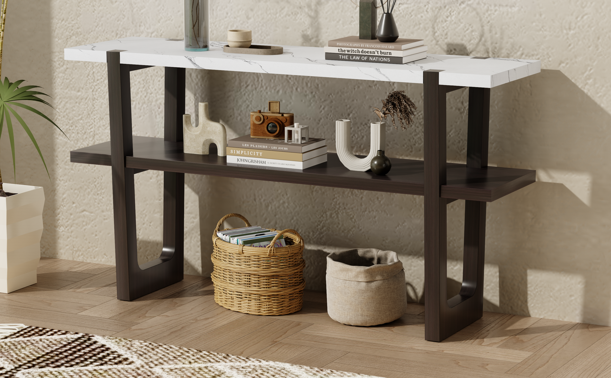 Retro Elegant Console Table With Marble Effect Top And Versatile Storage Solutions For Entryway And Living Room Espresso Espresso Solid Wood Mdf
