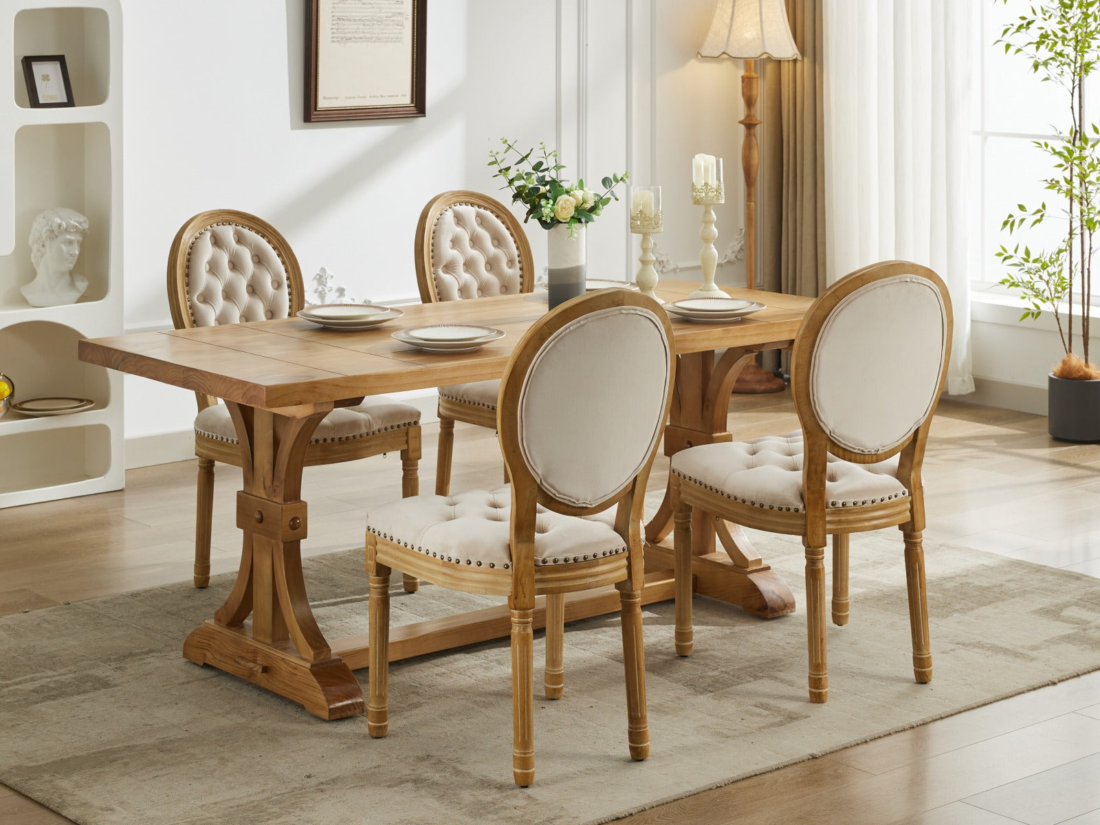 French Style Solid Wood Frame Antique Painting,Hand Pulled Buckle Decoration Velvet Artificial Leather Dining Chair With Trim ,Wood Legs,Steel Spring Inner,Set Of 2,Beige,Sw1739Bg Beige Dining Room American Design Dining Chairs Rubberwood Set Of 2 Foam