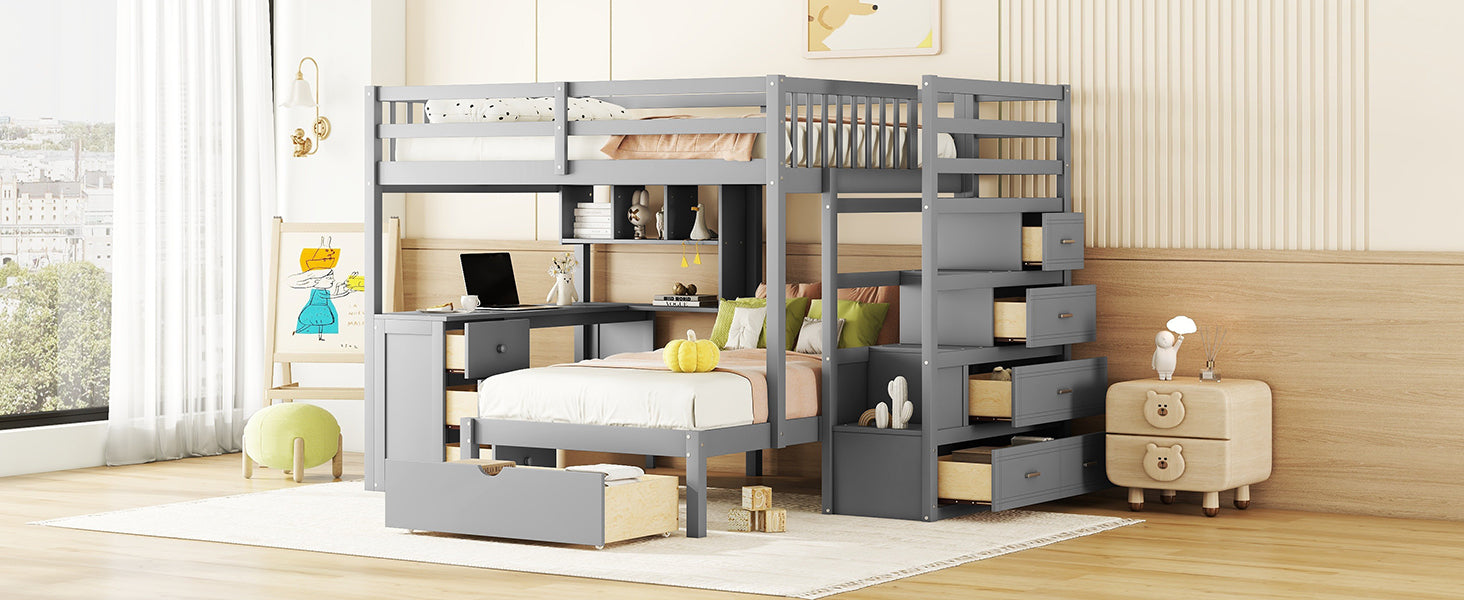 Full Over Twin Bunk Bed With Desk, Drawers And Shelves, Gray Gray Solid Wood