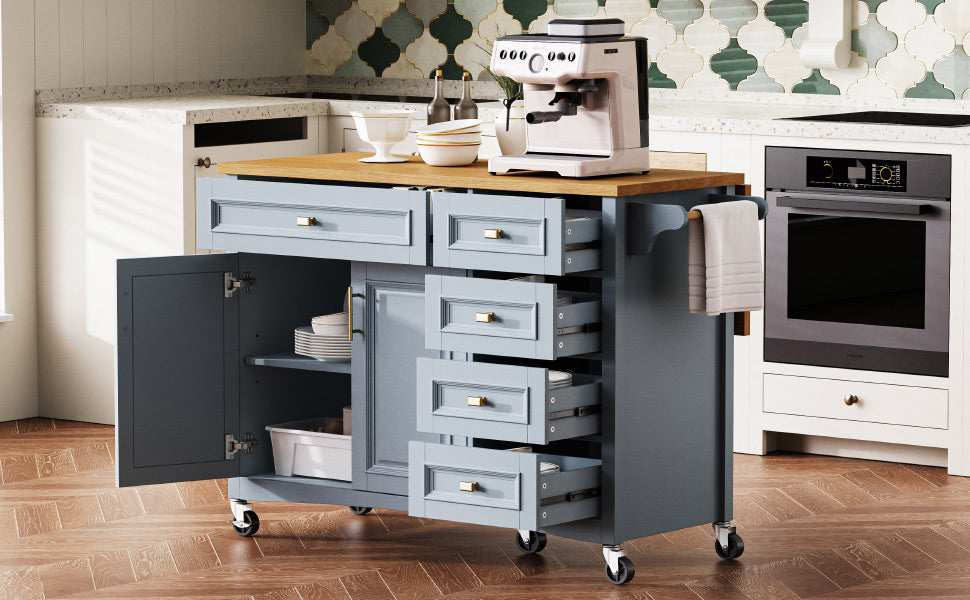 K&K 52'' Kitchen Island With Drop Leaf, Embossed Texture Kitchen Island On Wheels With Spice Rack, Towel Rack, 2 Doors And 5 Drawers, Kitchen Storage Cart With Adjustable Shelf For Kitchen, Blue
