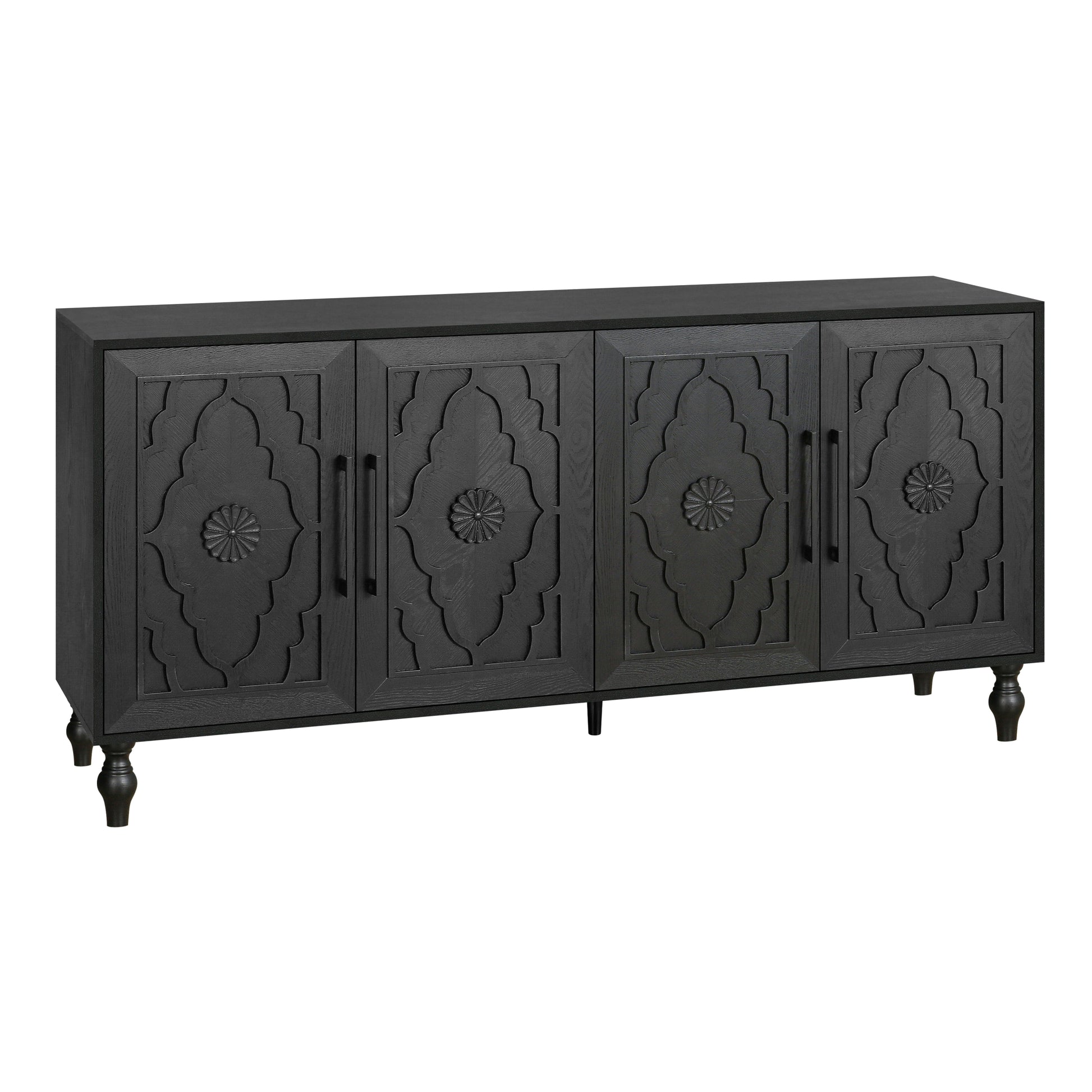 Carved Flower Door Large Storage Cabinet With Metal Handle Suitable For Living Room, Kitchen, Entryway Black Black Primary Living Space Mdf