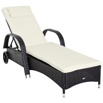Outsunny Wicker Outdoor Chaise Lounge, 5 Level Adjustable Backrest Pe Rattan Pool Lounge Chair With Wheels, Cushion & Headrest, Dark Coffee And Cream White Colorful Rattan