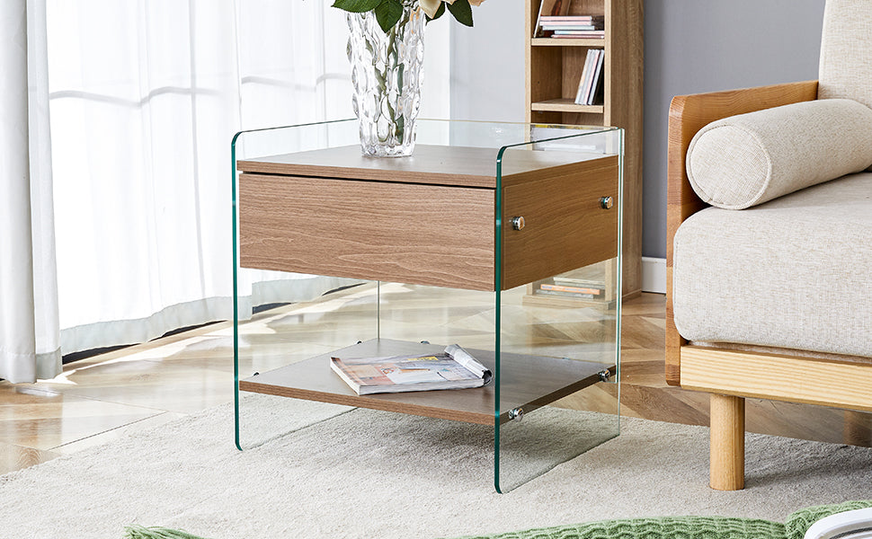 Bedside Table With Drawers. The Board Surface Is Mdf Sticker, And Both Sides Are Transparent Tempered Glass. The Design Is Simple And Elegant, With Excellent Storage Functions. Wood 1 Drawer Mdf Glass