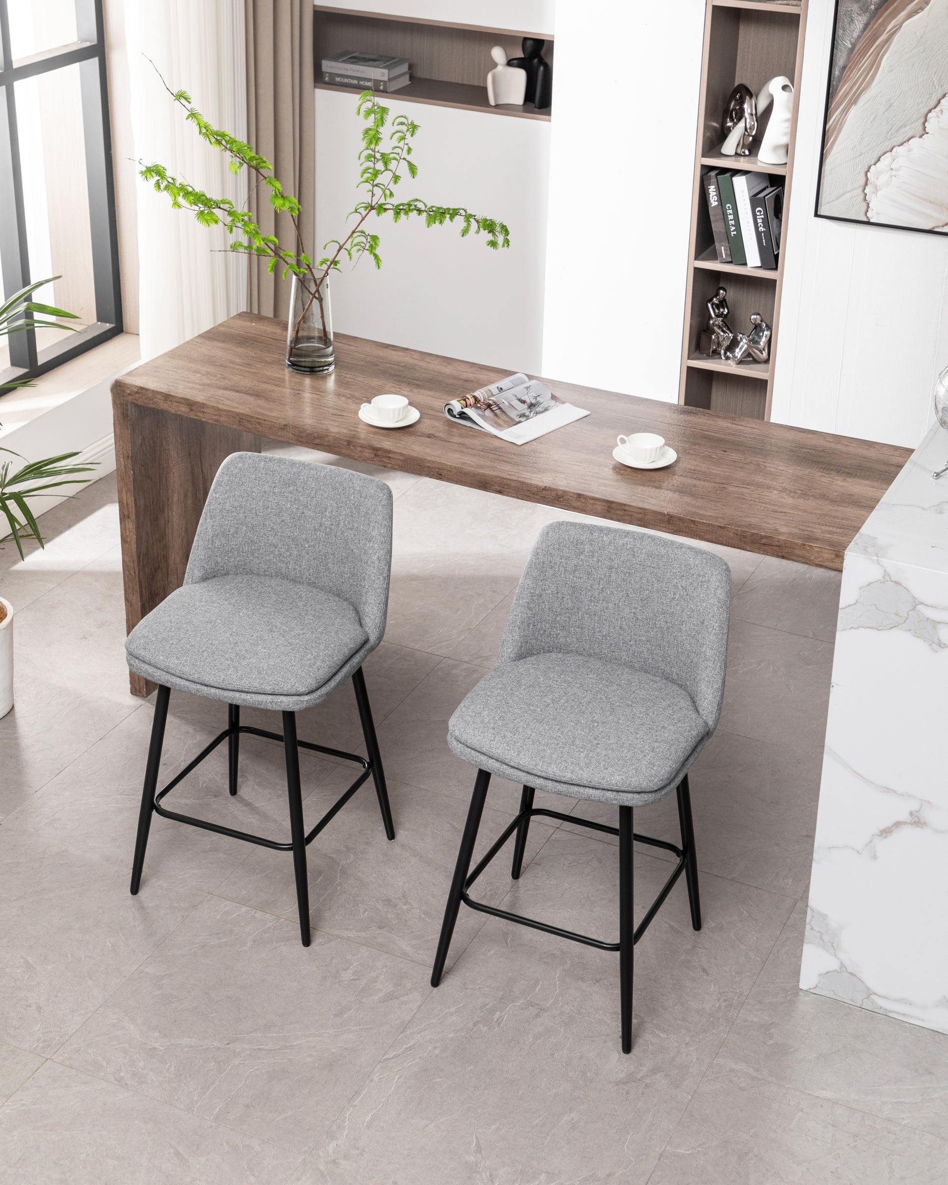 Counter Height Swivel Bar Stools Set Of 2, 360 Swivel Upholstered Barstools With Back And Metal Legs, 25.6" Seat Height,Counter Stools For Kitchen Island And Pub,Linen Cloth,Grey Light Grey Set Of 2 Linen