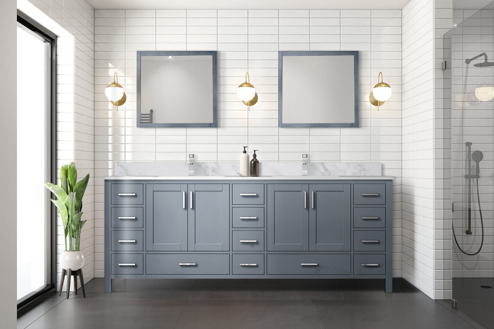 Dark Grey Double Bath Vanity 84 In. W X 22 In. D, Carrara Marble Top, And Faucet Set Dark Grey Plywood Wood