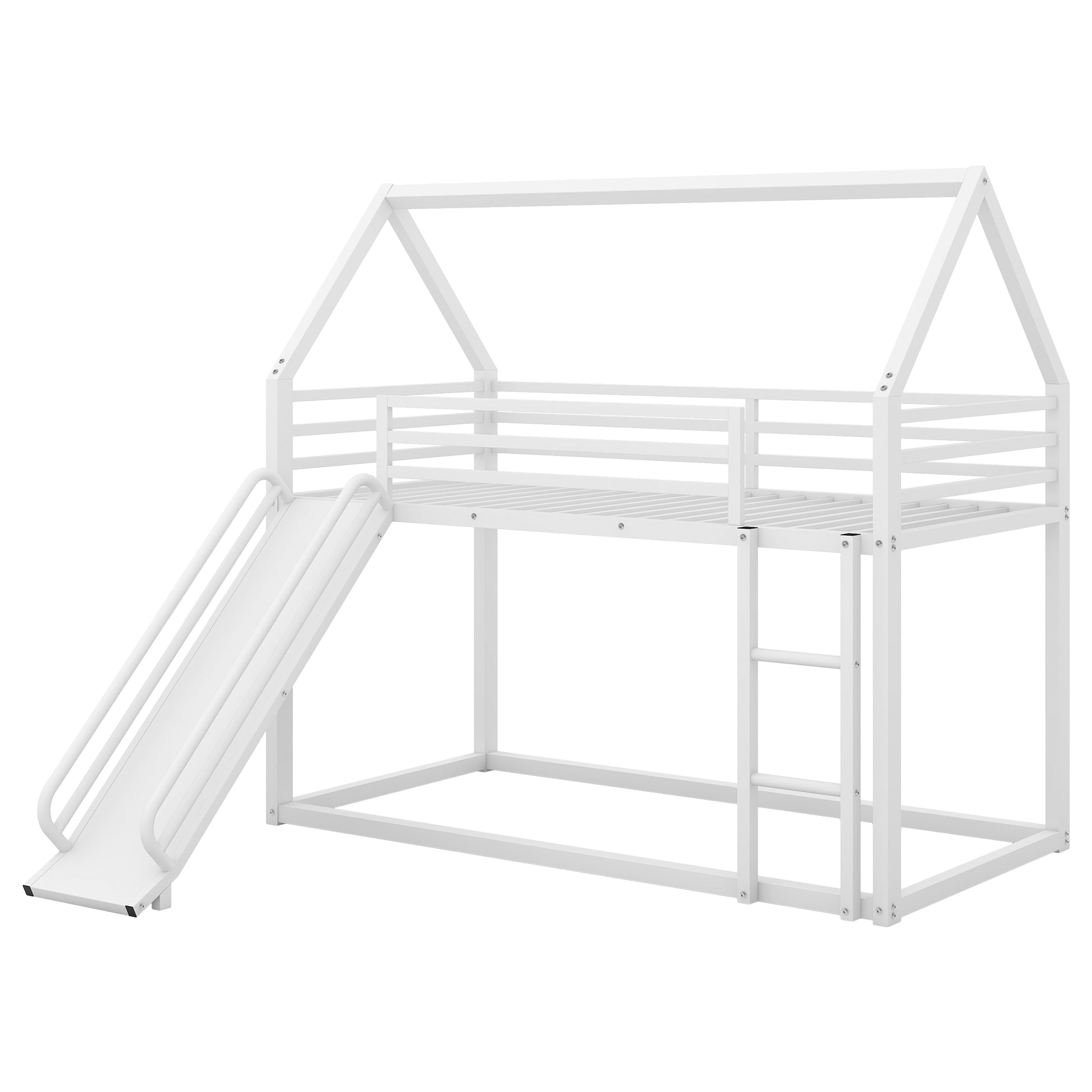 Twin Over Twin House Bunk Bed With Ladder And Slide,White Twin White Metal