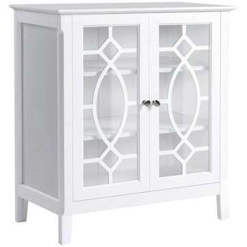 Homcom Sideboard Buffet Cabinet, Kitchen Storage Cabinet, Double Glass Door Accent Cabinet With Adjustable Shelves, White White Mdf