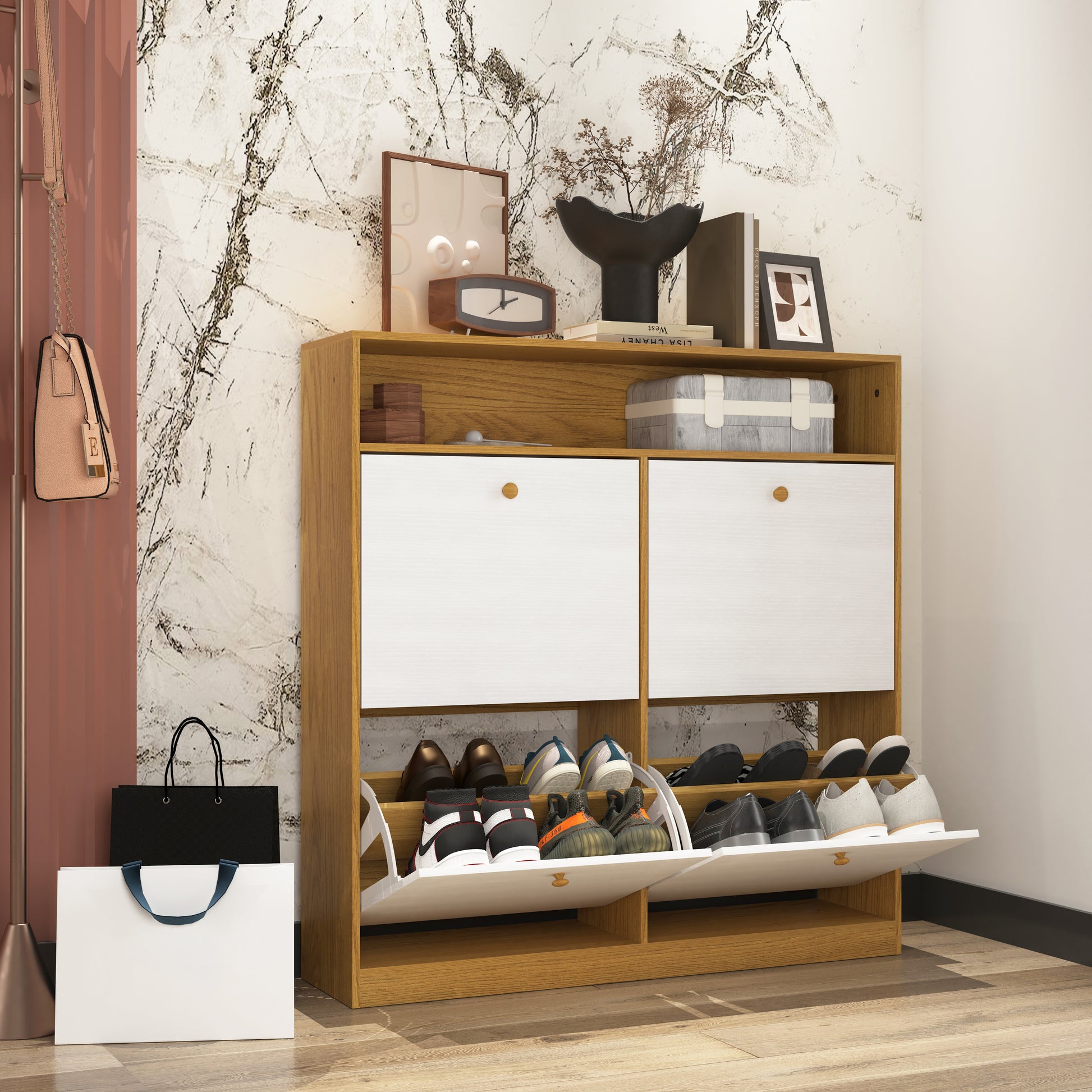 Shoe Storage Cabinet With 4 Flip Drawersshoe Rack Organizer Cabinet With Wooden Handle Freestanding Shoe Cabinet Storage With Anti Tip Fitting For Entryway, Hallway 5 Or More Spaces Natural Primary