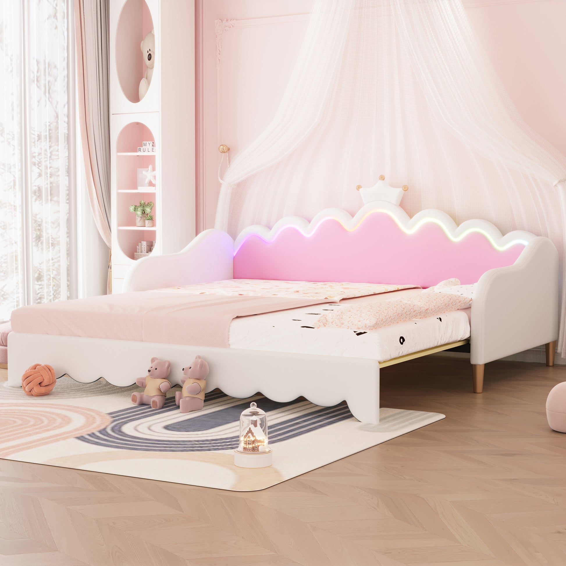 Twin Extending Daybed With Led Lights, Modern Upholstered Princess Daybed With Crown Headboard,White Twin White Wood