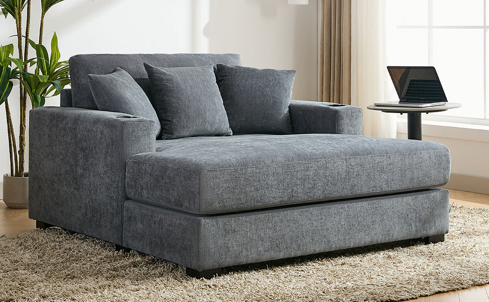 55" Oversized Chaise Lounger Modern Style Sofa Couch ,With Pillows, Charge Station & Cup Holders, Chenille Fabric, Blue Gray Blue Gray Chenille