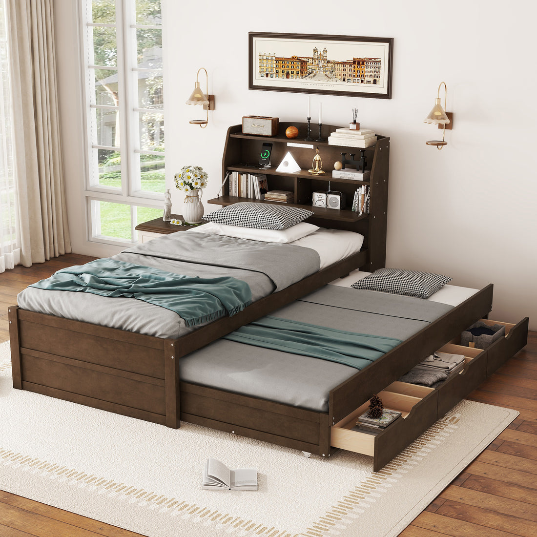 Twin Size Wooden Led Platform Bed With Trundle, With Storage Headboard, With Drawers, Brown Twin Brown Plywood